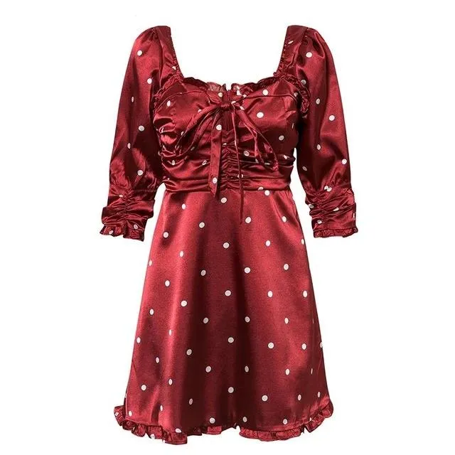 Sexy Polka Dot Elegant High Waist Lantern Ruched Party Ruffle Mini Dress