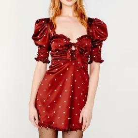 Sexy Polka Dot Elegant High Waist Lantern Ruched Party Ruffle Mini Dress