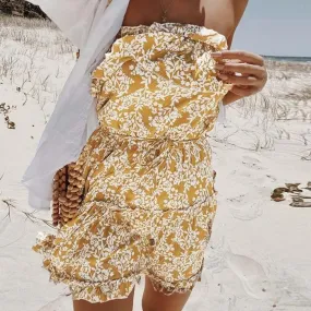 Sleeveless Floral Printed Sexy High Waist Ruffled Mini Tube Dress