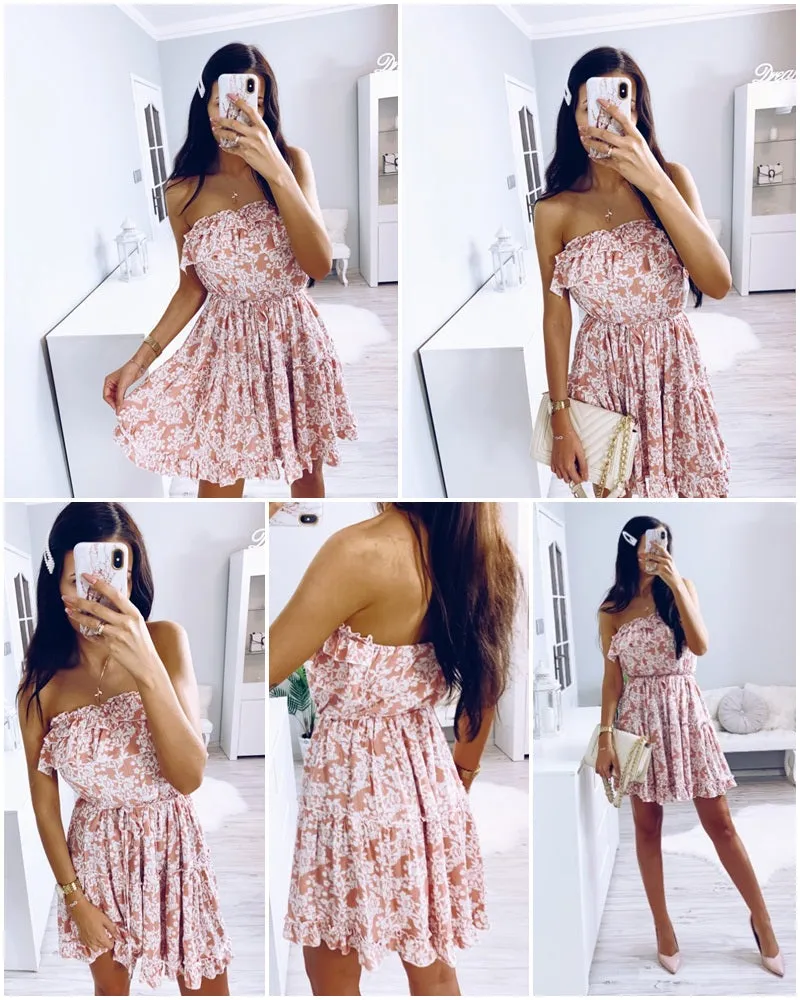 Sleeveless Floral Printed Sexy High Waist Ruffled Mini Tube Dress