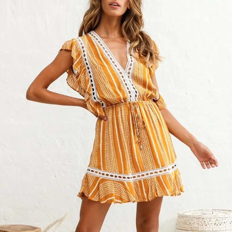 Sleeveless Floral Ruffled High Waist Summer Cotton Boho Dress