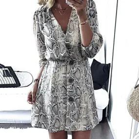 Snake Skin Printed Loose V-Neck High Waist Mini Dress