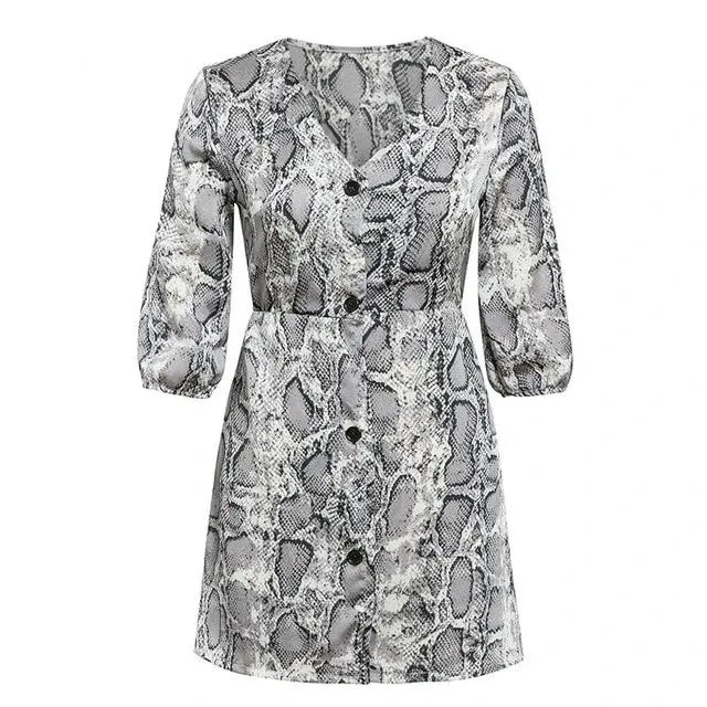 Snake Skin Printed Loose V-Neck High Waist Mini Dress