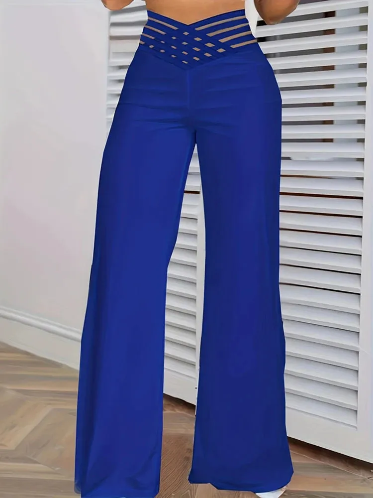 Solid High Waist Flared Pants Summer Chic Loose Crisscross Sheer Mesh Patch Wide Leg Trousers Y2k Elegant Holiday Streetwear