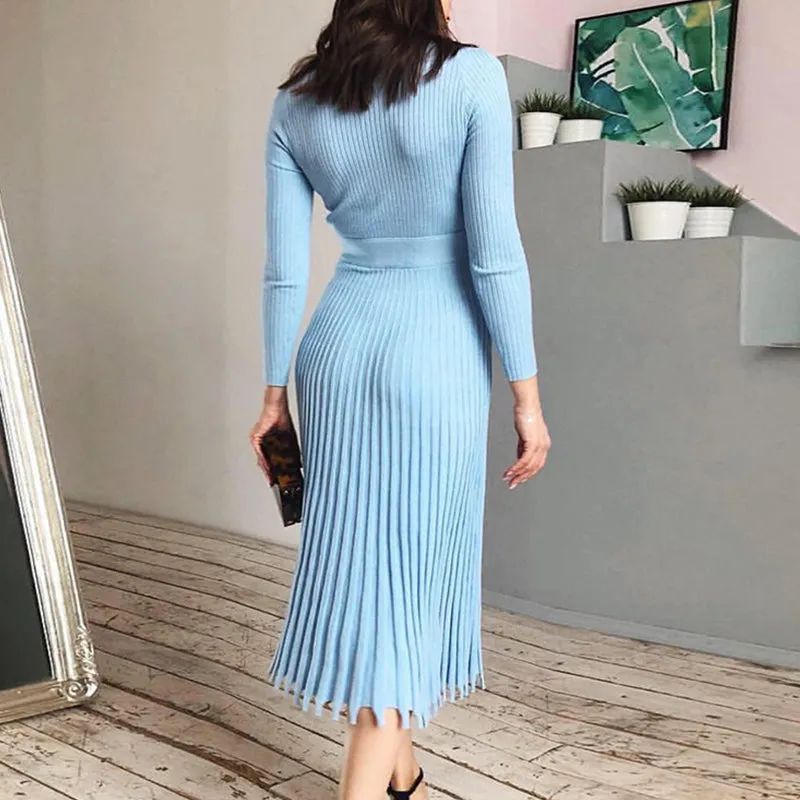 Solid O Neck Long Sleeve Elegant Striped Knitted Bodycon Dress