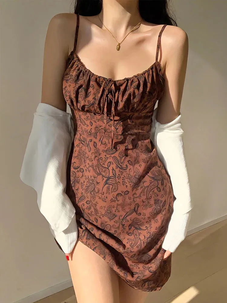 Strap Summer Suspender Vintage Sexy Slim Girl New Spicy Casual Floral Elegant Women Dress Dress