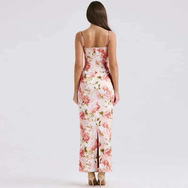 Summer Sexy Print Maxi Strap Vintage Spaghetti Floral Women Dress Dress