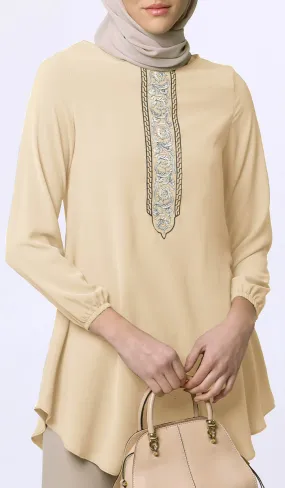 Suroor Embroidered Long Modest Tunic - Custard