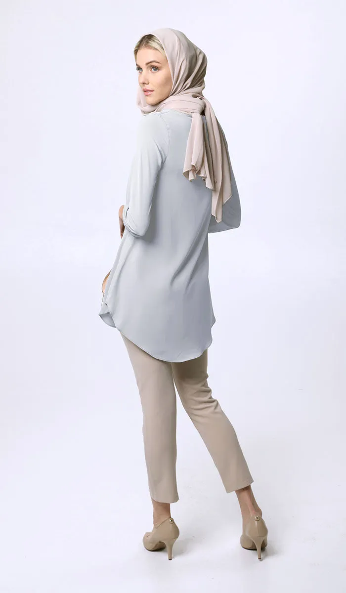 Suroor Embroidered Long Modest Tunic - Silver Mist