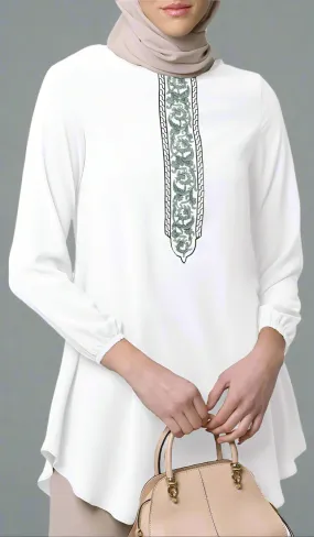 Suroor Embroidered Long Modest Tunic - White