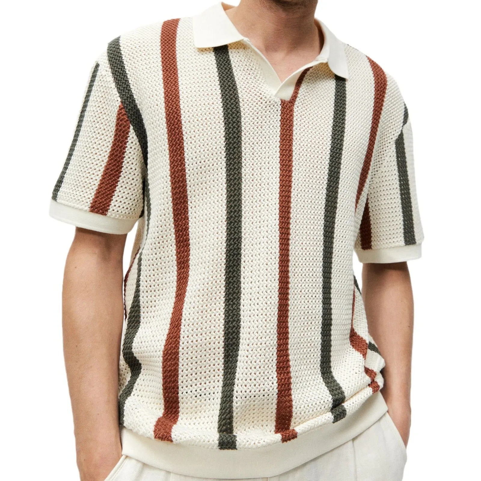 THICK NEEDLE HOLLOWED OUT STRIPED CONTRASTING WOOLEN CASUAL POLO SHIRT