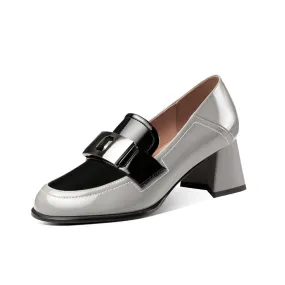 TinaCus Women's Patent Leather Mixed Colors Round Toe Slip On Handmade Block Heel Pumps with Buckle