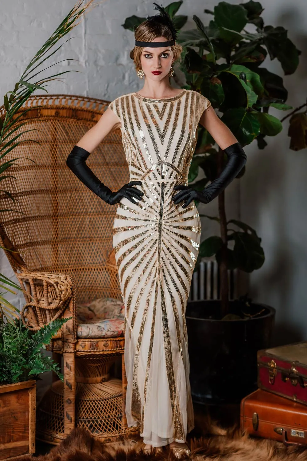 [US Warehouse] Apricot 1920s Sequin Art Deco Maxi Dress