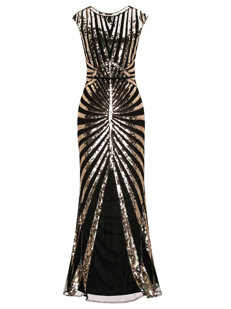 [US Warehouse] Gold 1920s Sequin Art Deco Maxi Dress