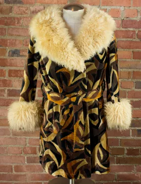 Vintage Women's 70s Penny Lane Patterned Faux Fur Coat Small