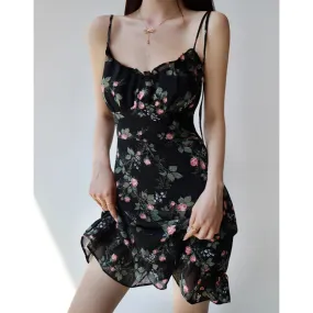 Waisted Style High Floral Holiday V-neck Lace-up French Slimming Dress