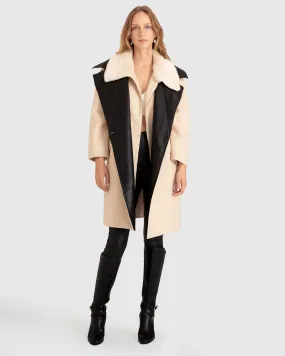 Watch Me Go Oversized Leather Trimmed Coat - Pale Oat