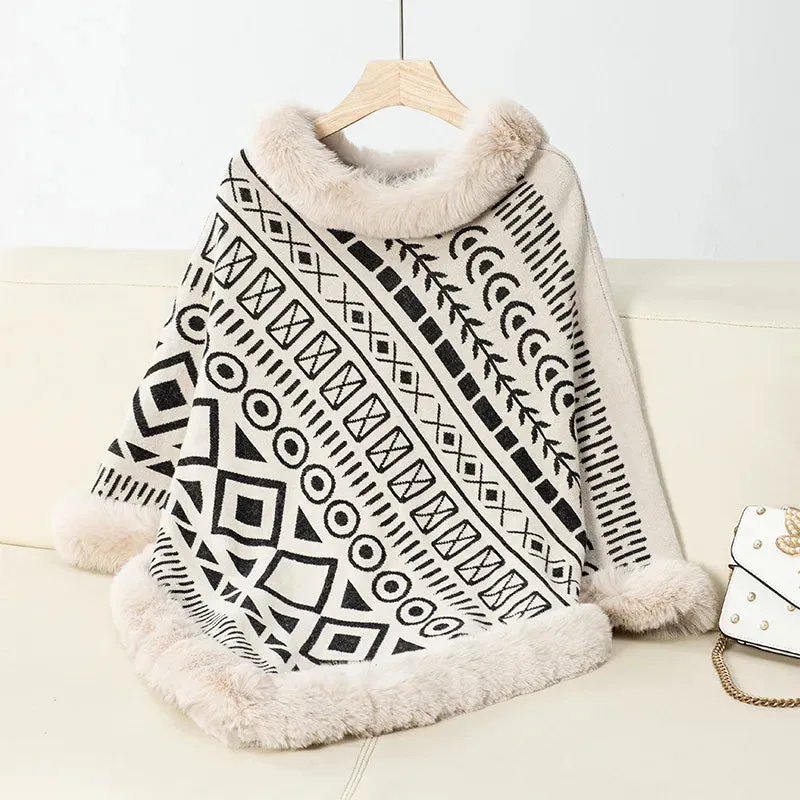 Women Cape Coat Sweater Pullovers Fur Collar Cloak  Warm Autumn Casual Ponchos