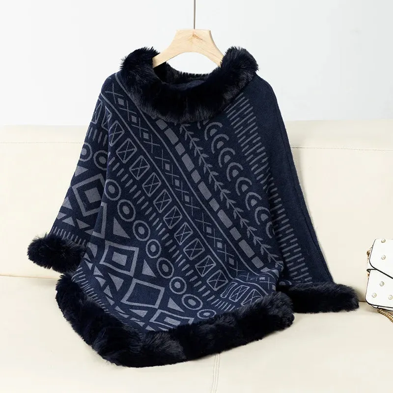 Women Cape Coat Sweater Pullovers Fur Collar Cloak  Warm Autumn Casual Ponchos