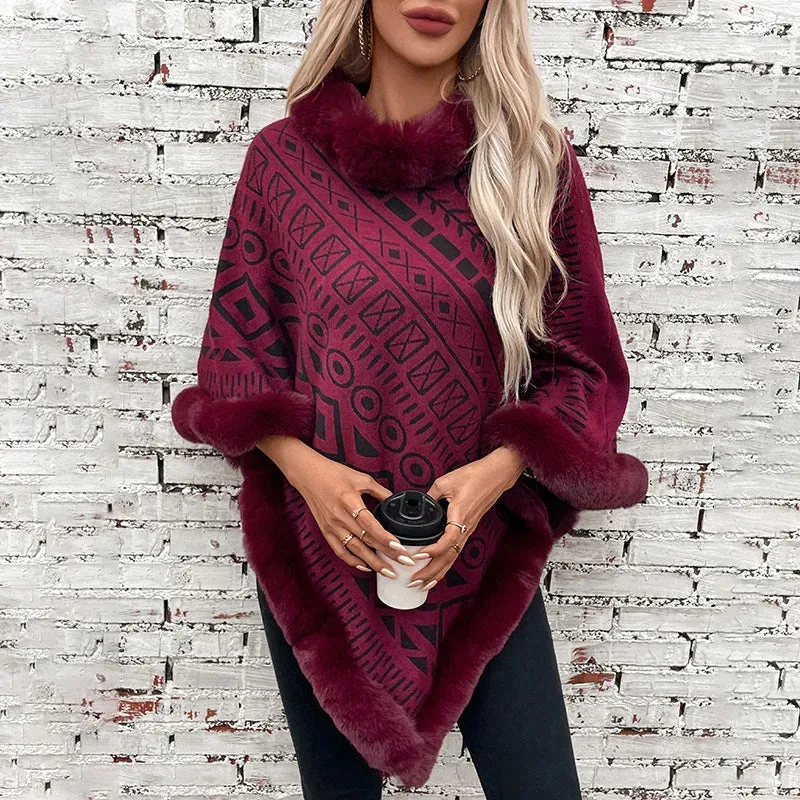 Women Cape Coat Sweater Pullovers Fur Collar Cloak  Warm Autumn Casual Ponchos