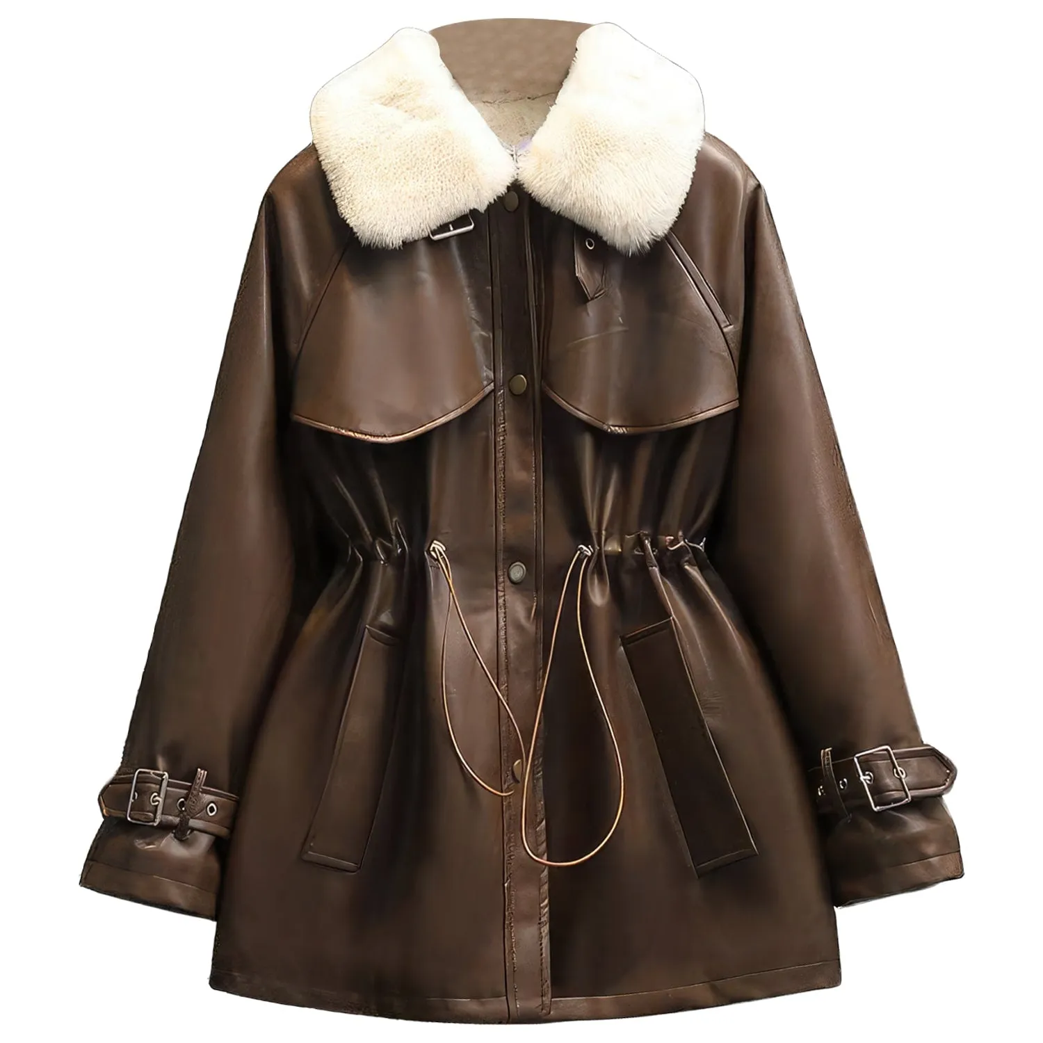 Women’s Auburn Genuine Sheepskin Sherpa Shearling Faux Fur Lined Casual Fashion Thick Oversized Waist Drawstring Leather Jacket