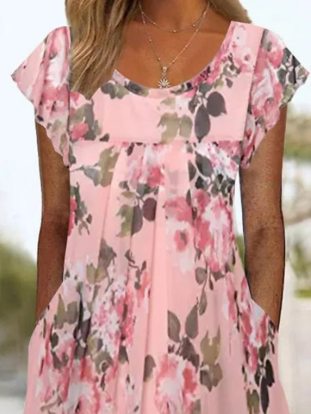 Women's Casual Dress Chiffon Dress Summer Dress Floral Pocket Print Crew Neck Midi Dress Active Fashion Outdoor Daily Short Sleeve Regular Fit Pink Green Summer Spring S M L XL XXL