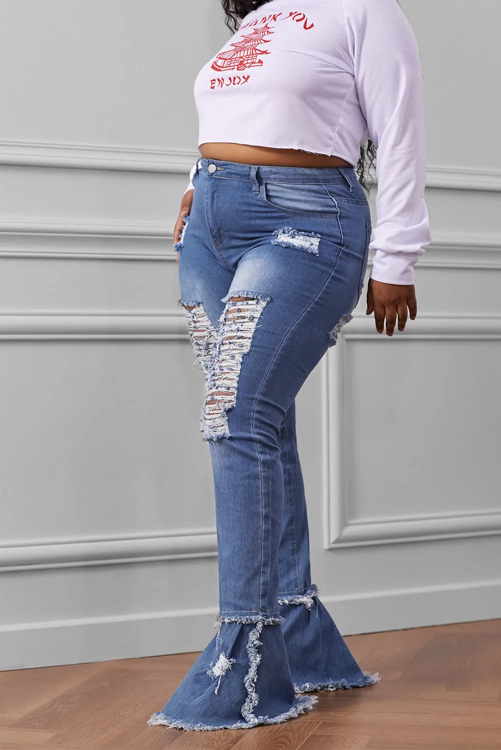 Women's Ripped Denim Pants Casual Bell Bottom Jeans for Women