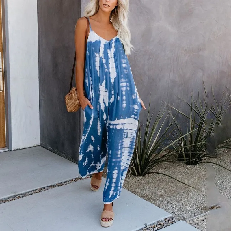 Womens Tie Dye Strap Sleeveless Casual Harem Jumpsuit