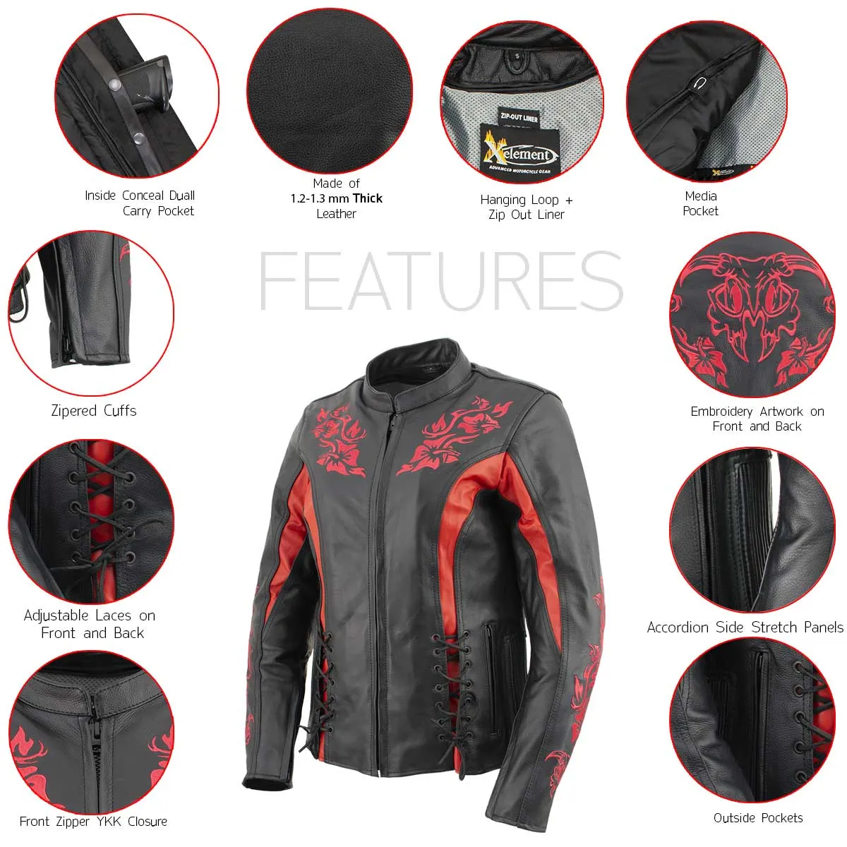 Xelement XS2029 Women's 'Gemma' Black and Red Leather Embroidered Jacket with X-Armor