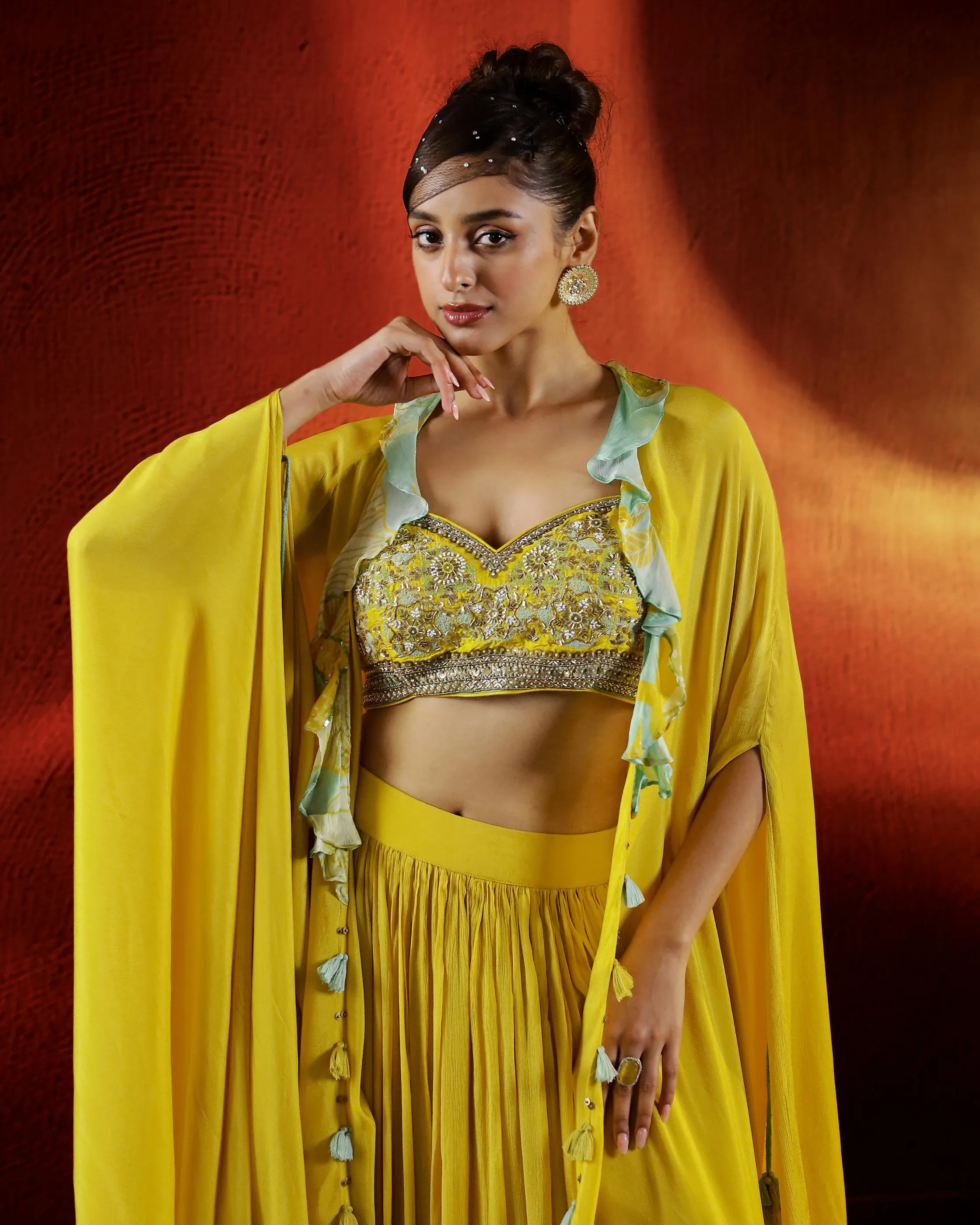 Yellow Embellished Chinon Silk Cape Set