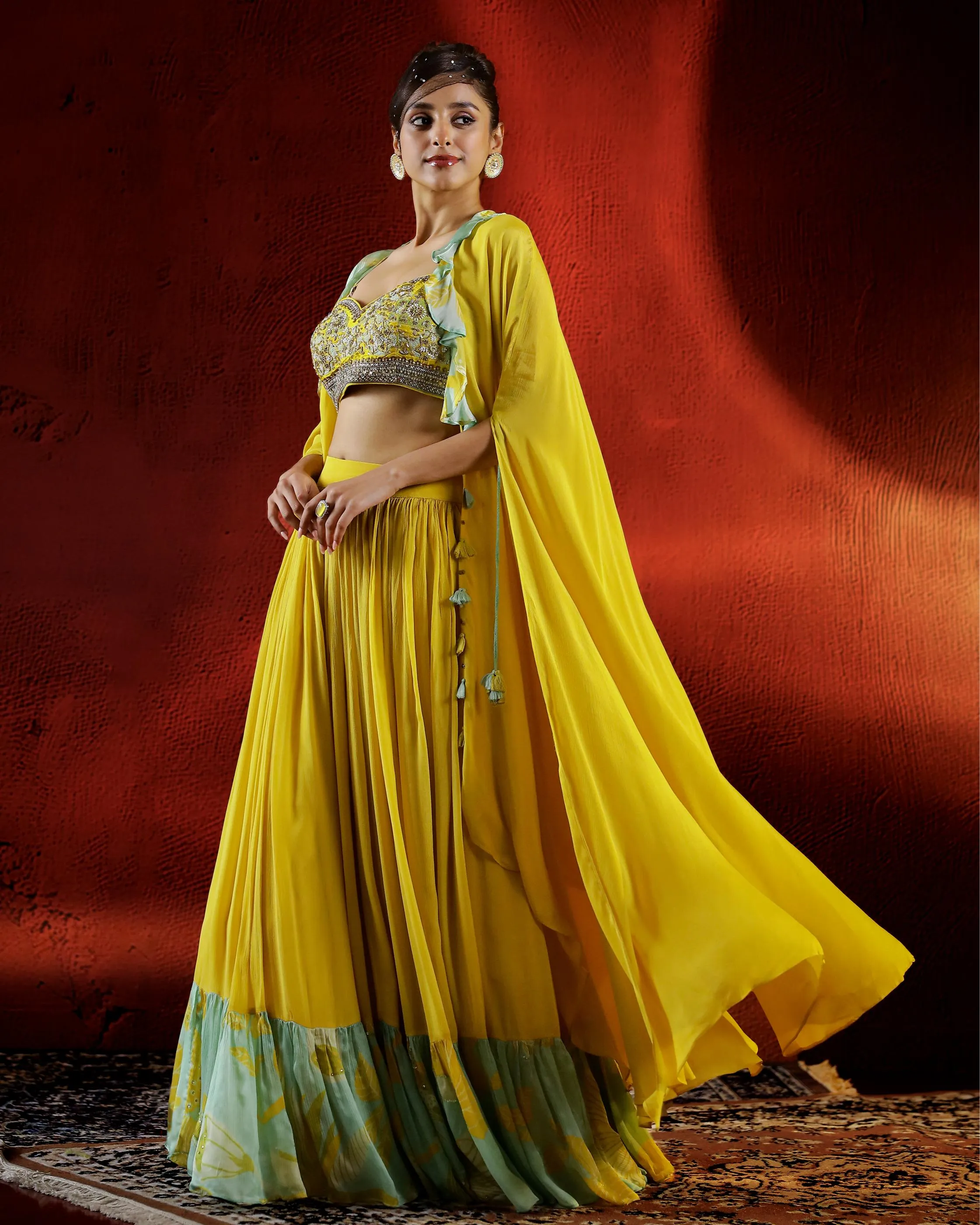 Yellow Embellished Chinon Silk Cape Set